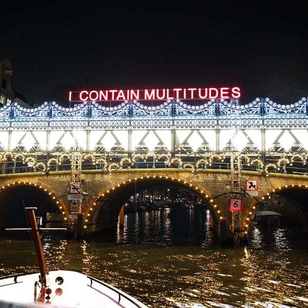 Amsterdam light festival boat with artwork on bridge
